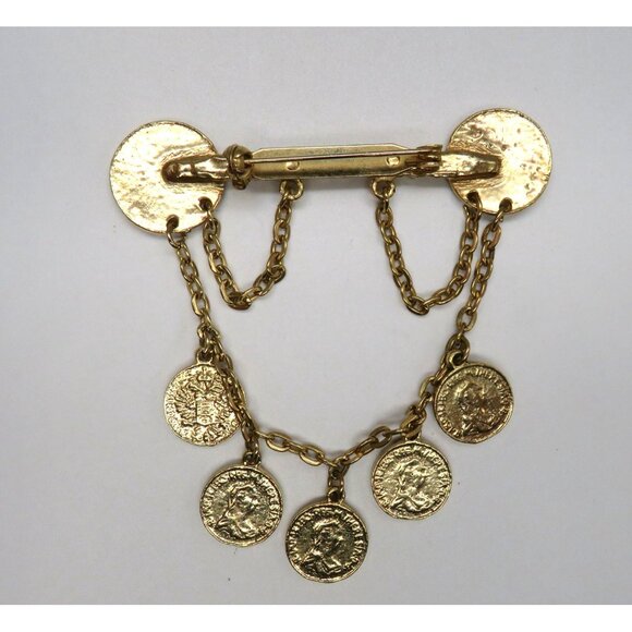 Vintage Imitation Coin Brooch 3" Gold Tone Pin Draped Chain Dangle Faux Change - Picture 7 of 12